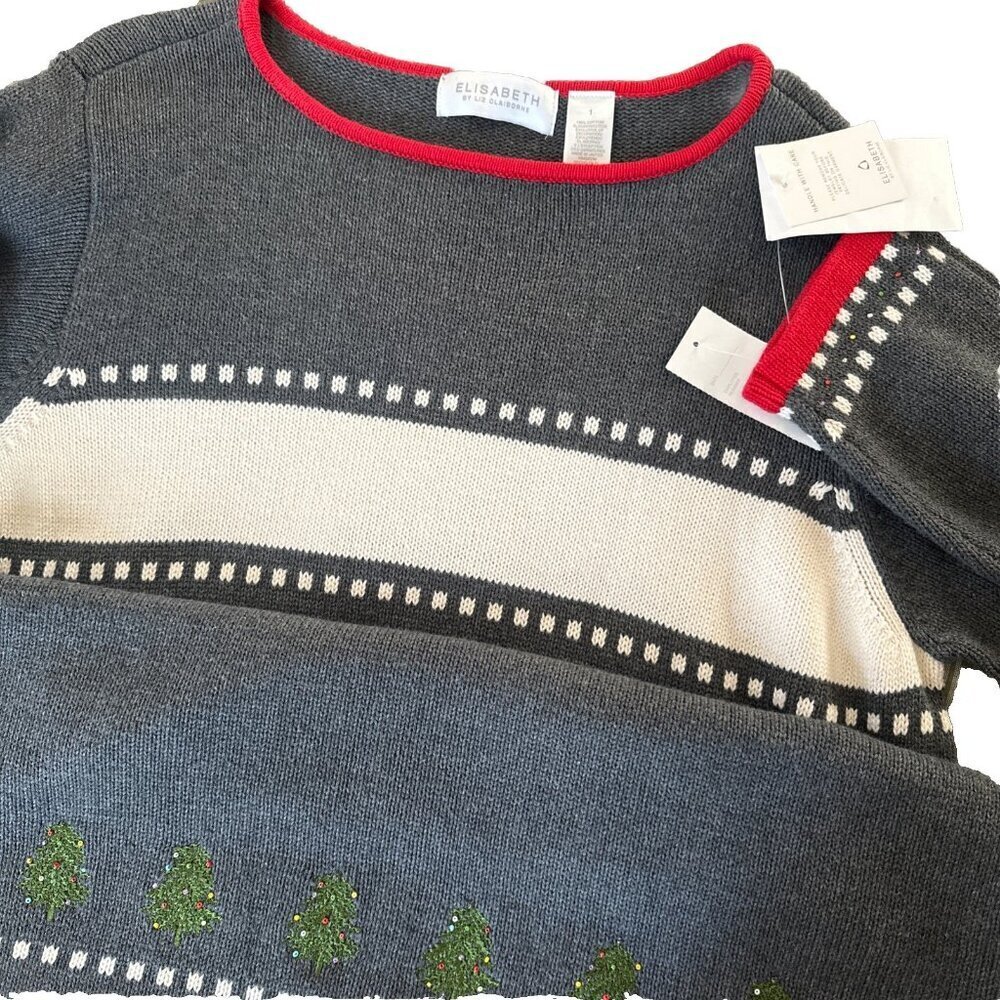 Elisabeth Liz Claiborne Christmas Sweater 1X Beaded Embroidered Tunic Ugly Xmas